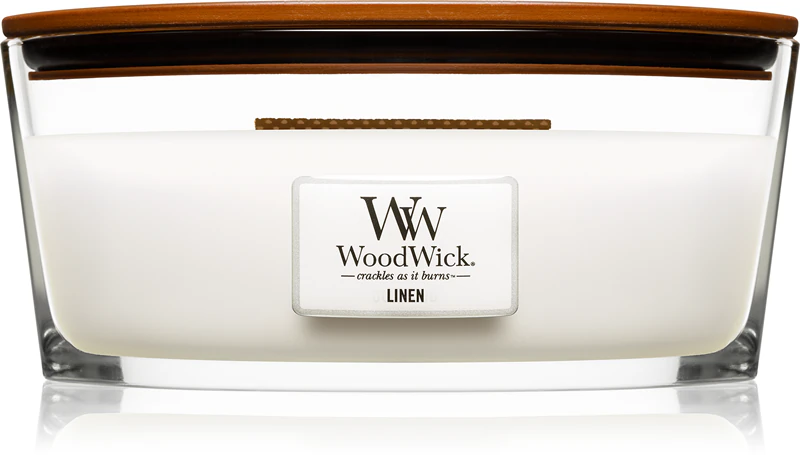 Vela perfumada Woodwick com aroma de linho e pavio de madeira (Heartwick)