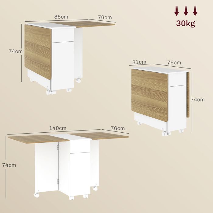 Table à manger pliable pour 2-6 personnes, table de cuisine sur roulettes avec 2 tiroirs 2 placards, 140x76x74cm, blanc