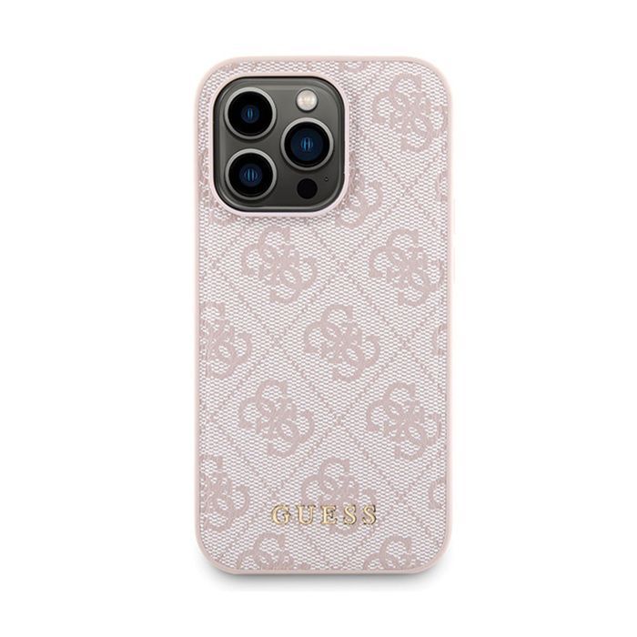 Guess Bundle Pack MagSafe 4G Metal Gold Logo - Custodia Ensemble + Power Bank 5000mAh MagSafe per iPhone 14 Pro (rosa)