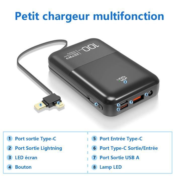 Bateria externa preta de 22,5 W, mini power bank de 10000 mAh com carregador rápido, tela LCD, cabo integrado e saída Tipo C.