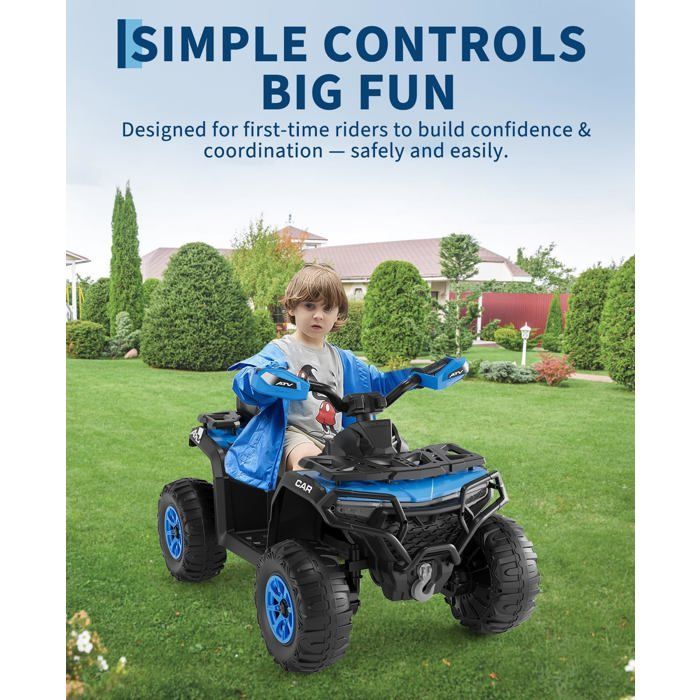Voiture 4x4 Quad Buggy électrique Enfant, 12 V 6 Km/h Max, Suspension, Phare LED, Bluetooth, Musique, Bleu