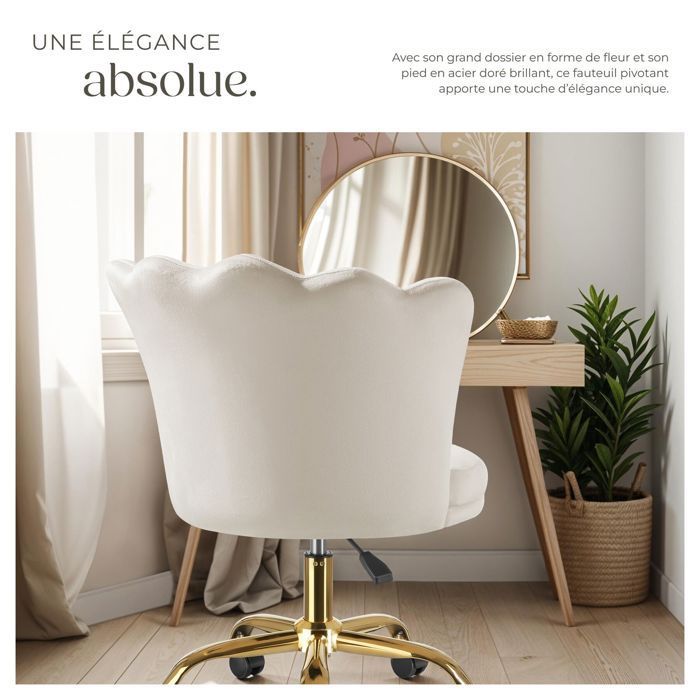 Chaise - TECTAKE - Fauteuil de bureau STELLA rembourré dossier en forme fleur avec revêtement velours 65 x 64 x 78 cm - Crème/Or