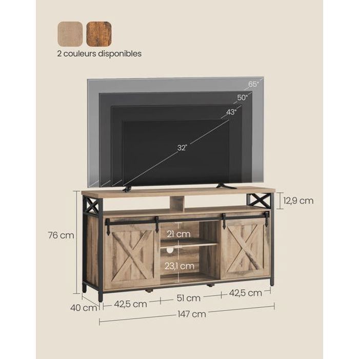 Mueble para TV de hasta 65 pulgadas, con estantes ajustables, puertas estilo granero, estructura metálica, color marrón camel y negro.