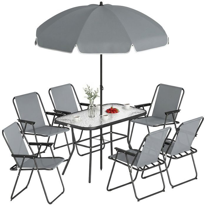 Set da giardino Outsunny da 8 pezzi con ombrellone e 6 sedie pieghevoli - tavolo con piano in vetro temperato, struttura in acciaio - grigio