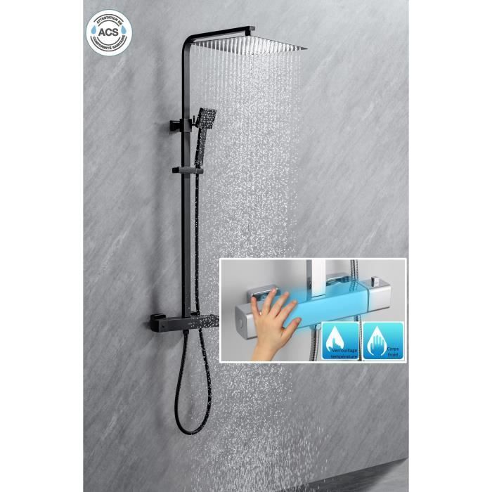 Columna de ducha OCEANIC - Mezclador termostático con cuerpo de tacto frío - Ducha de techo cuadrada de 30x30 cm - Negro mate