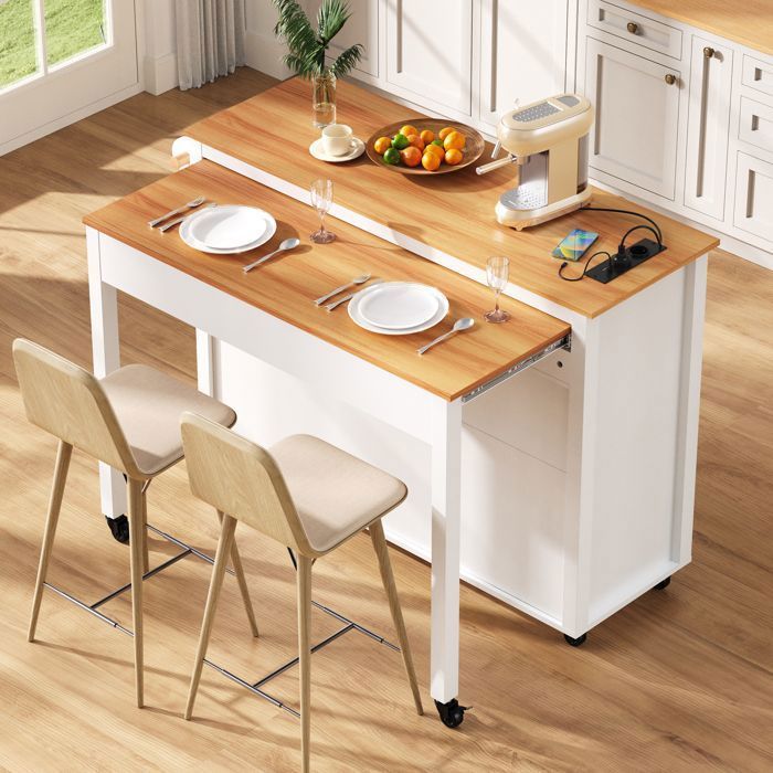 Îlot de Cuisine Mobile sur Roulettes - Zone de Repas Extensible, Plan de Travail, Compartiment pour Poubelle (Blanc)