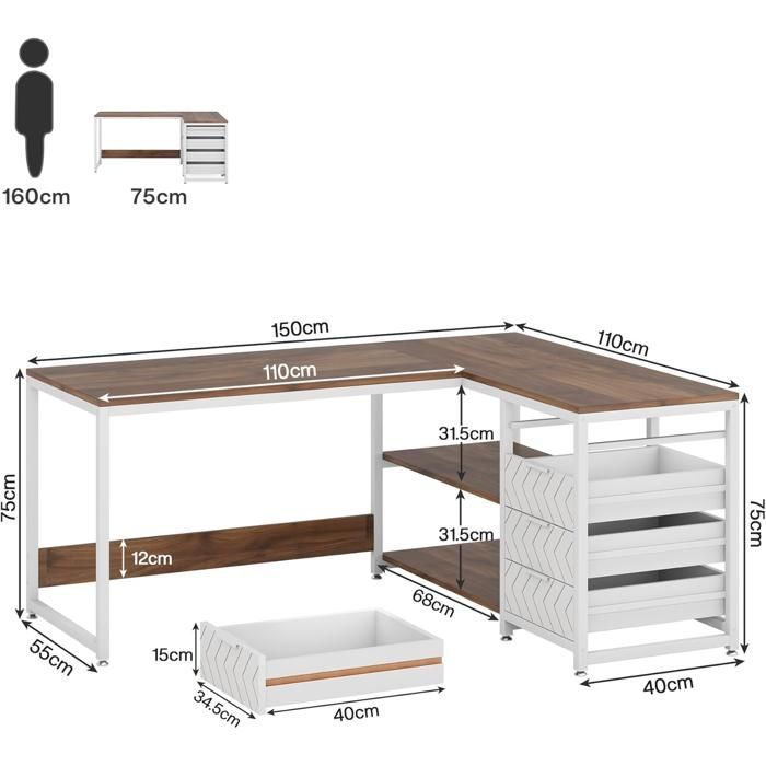 TOPESCT Bureau d'angle réversible en forme de L avec 4 tiroirs et 2 étagères pour Bureau, 155 x 110 x 75 cm,Noyer et blanc