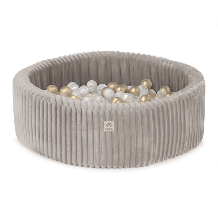 Piscina de bolas redonda MISIOO para bebés y niños, pana gruesa, color beige, 90x30 cm, 200 bolas: dorado/blanco perla/transparente.