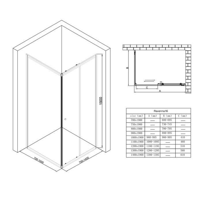 Mampara de ducha esquinera doporro con puerta corredera, perfiles negros, cristal de seguridad con revestimiento NANO, 80x120 cm, Ravenna16L-K