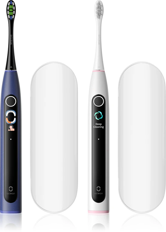 Conjunto Oclean X Lite Duo com duas escovas de dentes sônicas e estojo de viagem, azul escuro + cinza.