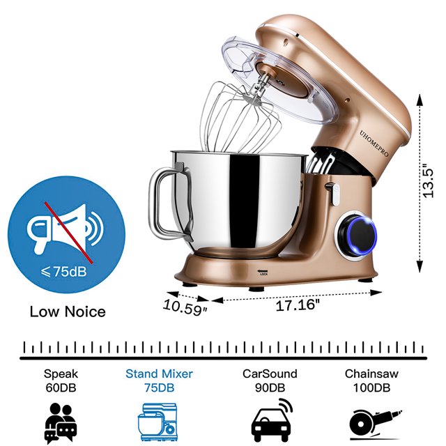 uhomepro 7,5-Liter-Küchenmaschine, 6+0+P-Geschwindigkeitsstufen, kippbarer Kopf, 660 W, Teigkneter, elektrische Küchenmaschine für den privaten und gewerblichen Gebrauch, inklusive Knethaken, Rührbesen, Schneebesen, Spatel, spülmaschinenfest