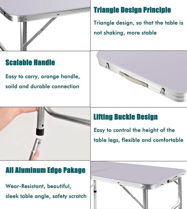 White Aluminum MDF Folding Camping Table, 90 x 60 x 37/67 cm, DAYPLUS, Adjustable Height Garden Table with Storage Box (2 Levels)