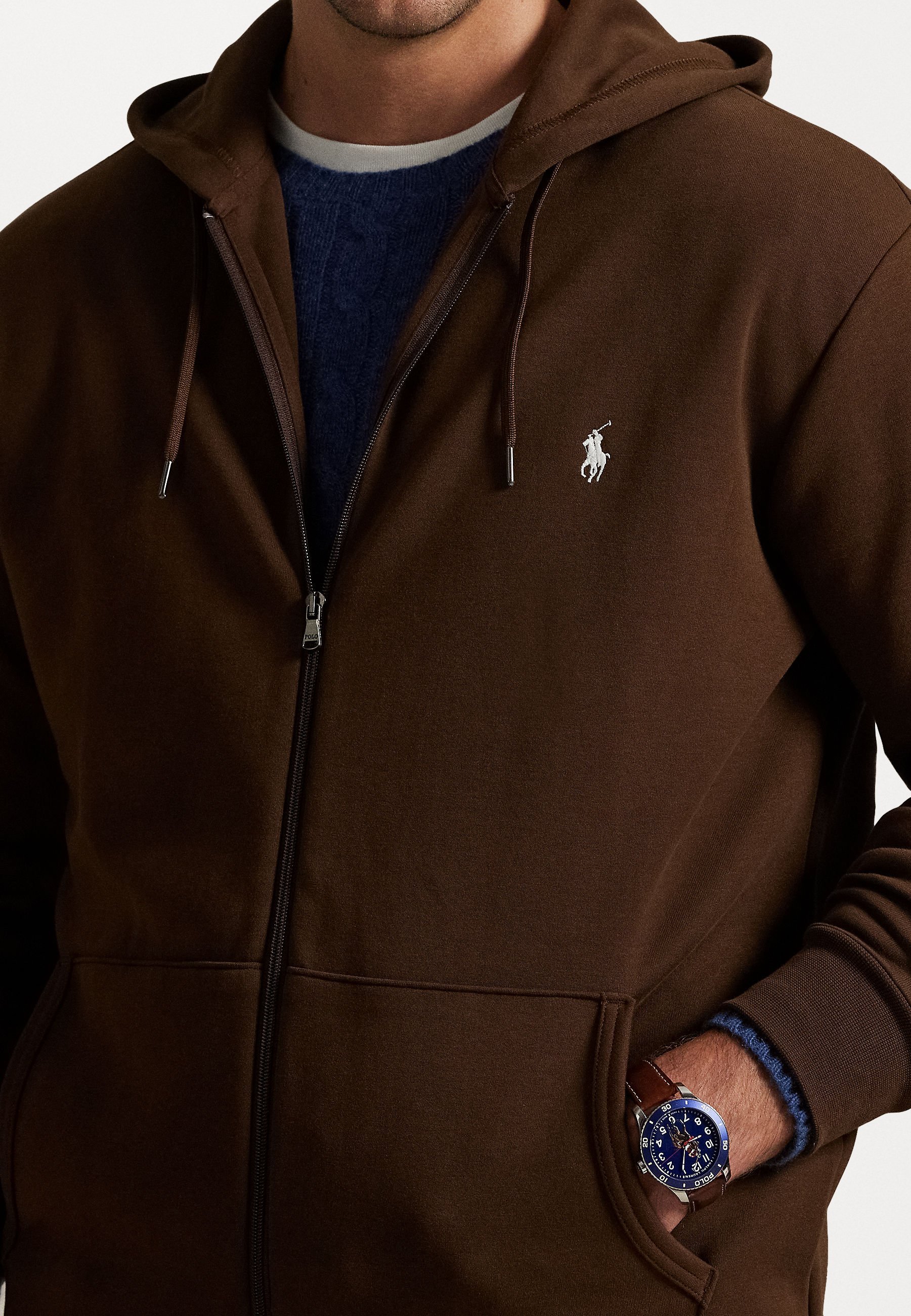 Sweat à capuche zippé double maille Polo Ralph Lauren grandes tailles - Marron branche