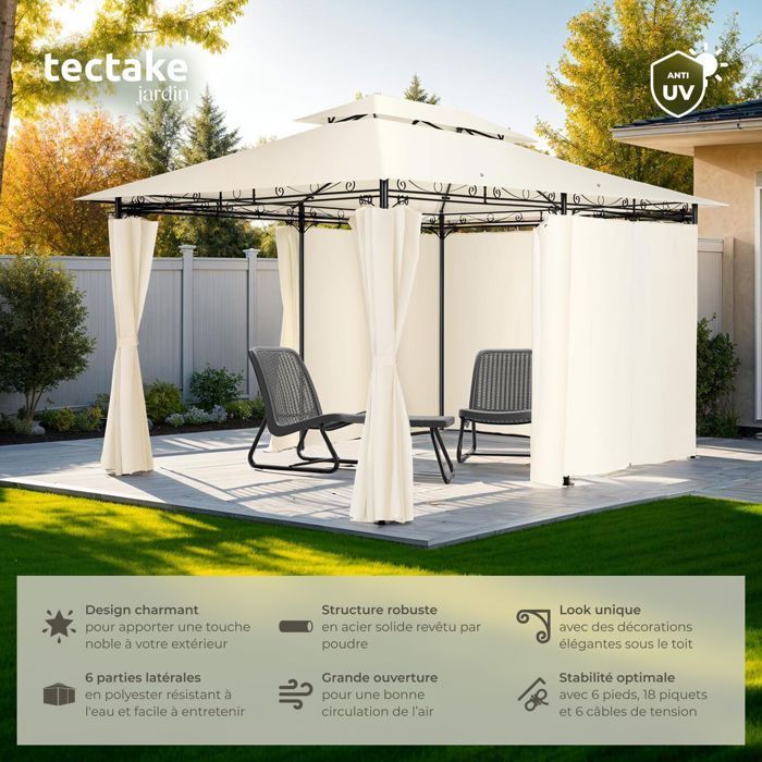 Pavillon de jardin - TECTAKE - Tonnelle EMINE avec 6 parois latérales en tissu déperlant 4 x 3 m - Crème