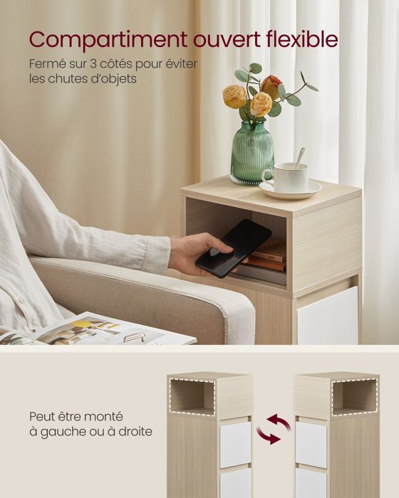 VASAGLE Table de Chevet Étroite, Lot de 2, 2 Tiroirs et Compartiment Ouvert, Montage à Gauche ou à Droite, Beige et Blanc