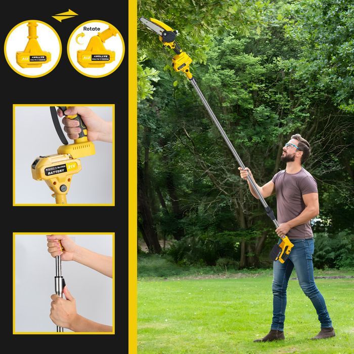 Tronçonneuse sur perche 21V lithium 2 outils en 1 scie et elagueur livree avec 2 batteries et chargeur rapide
