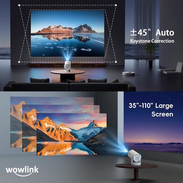 Miniproyector portátil 4K, Wifi 6, Bluetooth 5.4, corrección trapezoidal automática de 180°, aplicaciones integradas, HDMI/TV Stick/USB/PC/PS5 – Blanco