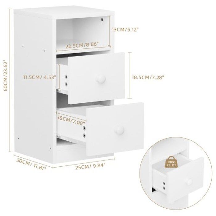 ALIGHTUP - Mesa de cabeceira com 2 gavetas e um compartimento - Branca, 25 x 30 x 60 cm