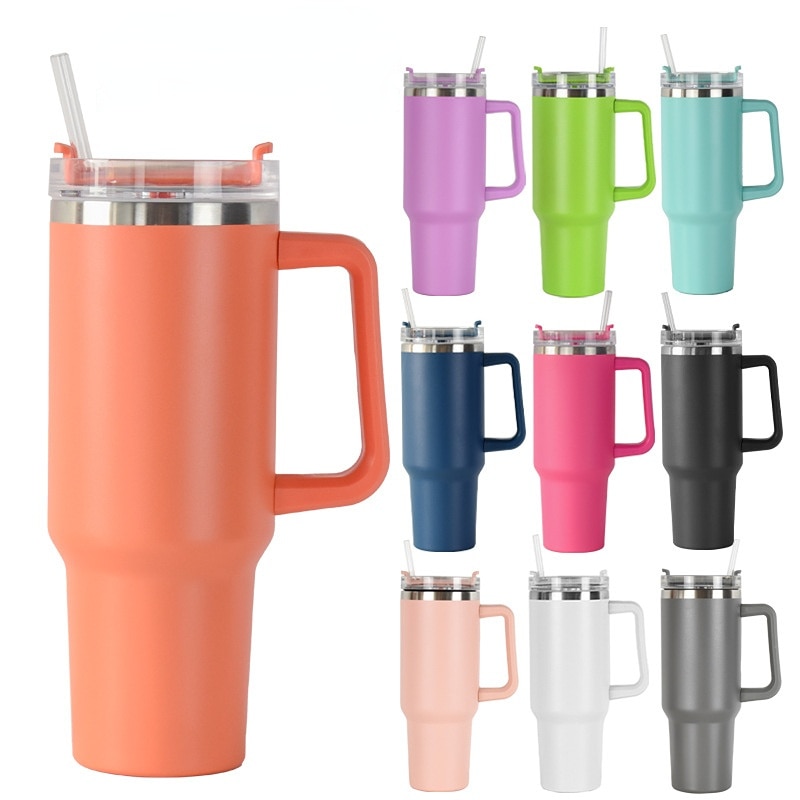 40-Unzen-Isolierbecher mit Strohhalm und Griff, tragbare Edelstahl-Kaffee- und Wasserflasche fürs Auto, großes Fassungsvermögen, BPA-freier Thermobecher für unterwegs