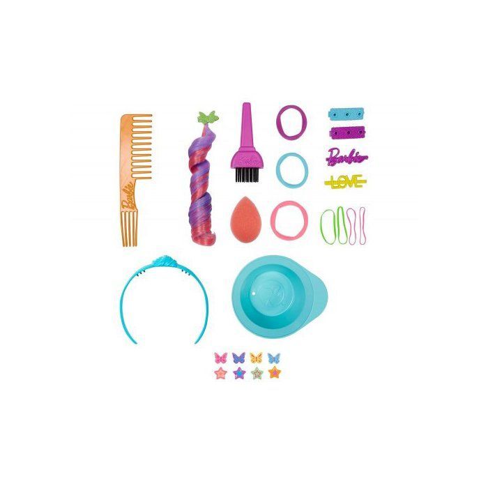 Grote zwarte stylingkop van gemengde afkomst met regenboogaccenten - 22 Barbie-accessoires met kleurverloop - Speelgoedset