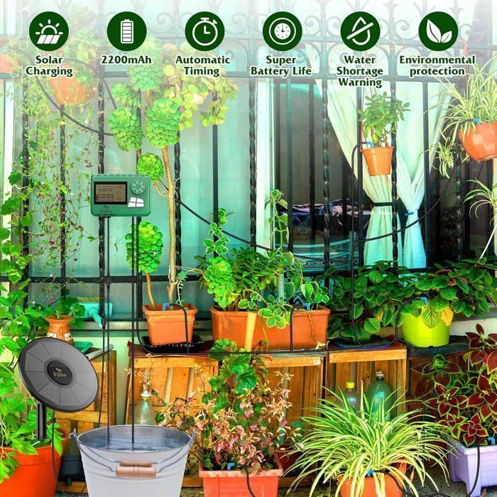 2200mAh Solar-Tropfbewässerungsset – Automatischer Timer, 15 Tropfer, für Garten, Balkon und Pflanzen