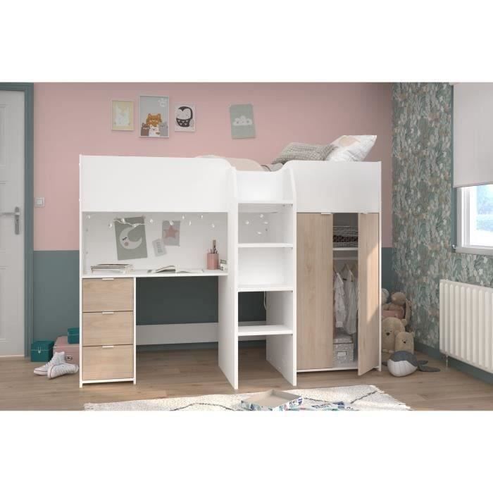 Cama alta infantil - TOM - Blanca y roble - Armario, escritorio y base de cama incluidos