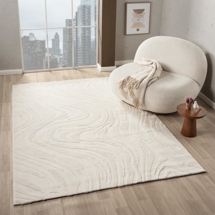 Tapis salon - VIMODA - thème vagues 3D/Berbère - crème/gris/anthracite - 80x150 cm