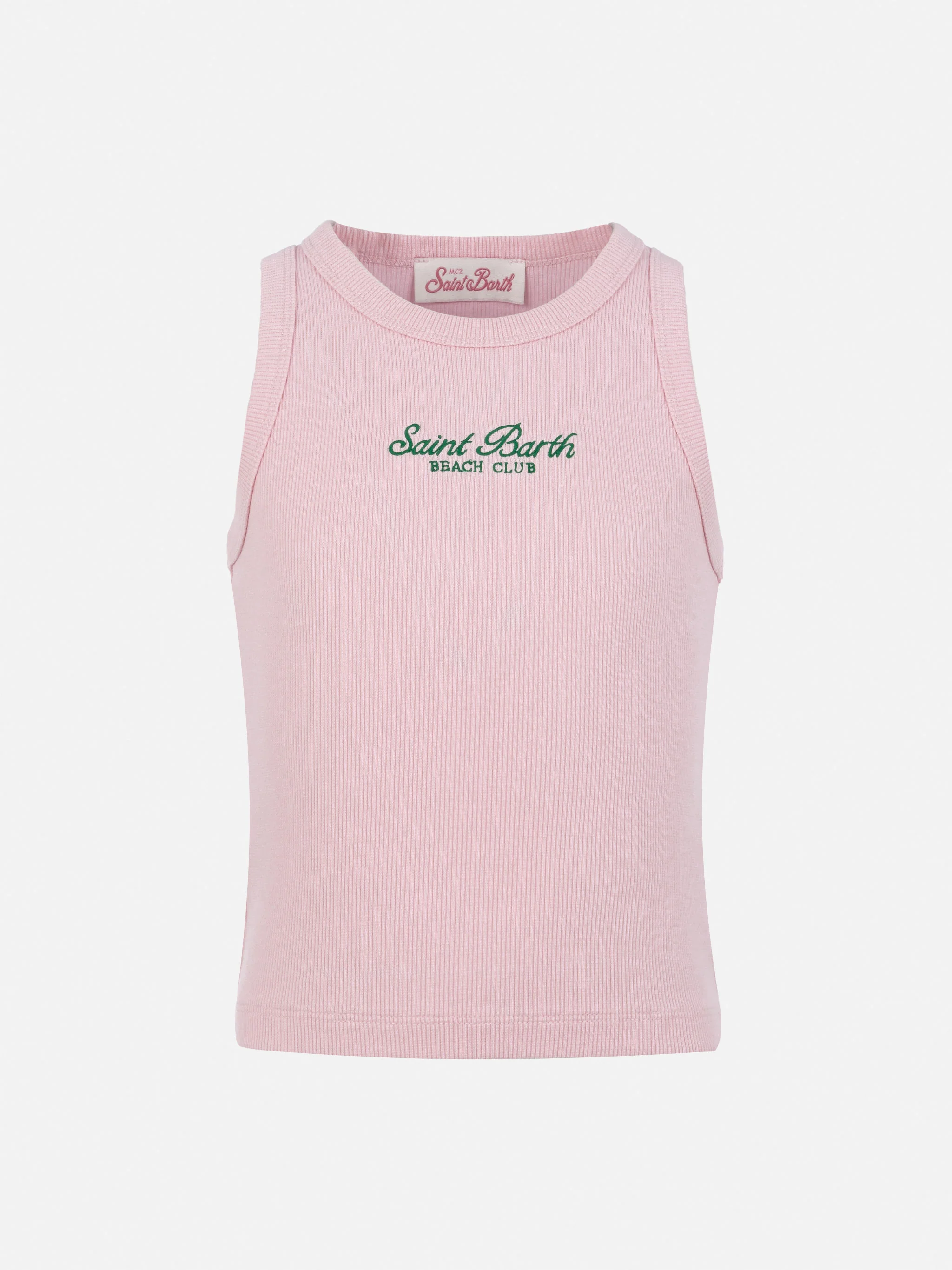 Top corto Blue Jr in maglia a coste rosa con ricamo