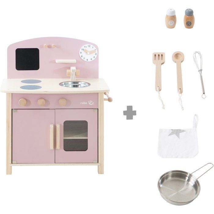 Cocina de juguete de madera ROBA para niños - Equipada con accesorios - Rosa / Natural