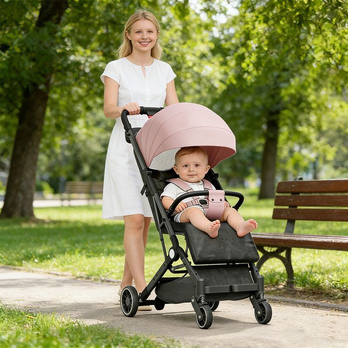 Poussette Canne Compacte, Bébé jusqu’à 22 kg, Ultra Légère, Pliage Automatique, Dossier Inclinable, Format Cabine Avion Rose