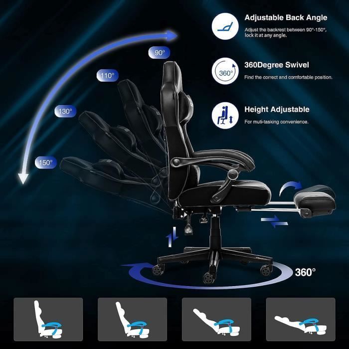 Silla gaming ergonómica con masaje, giratoria y ajustable, respaldo alto con reposapiés y reposacabezas, color negro.