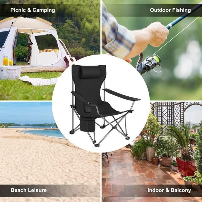 Silla de camping WOLTU con reposacabezas, portavasos, bolsillo de almacenamiento, bolsa de transporte, capacidad de carga de 150 kg, color negro CPS8148sz