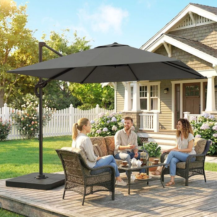 Zweefparasol - tuinparasol voor buiten - Outsunny - voet en verzwaarde platen - aluminium paal en 360° draaibaar via voetpedaal - grijs