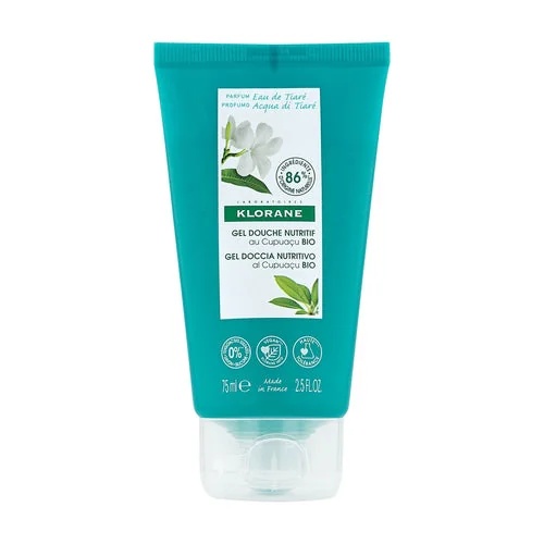 Gel douche nourrissant KLORANE, parfum Tiare Eau 75 ml. Nourrissant et parfumé.