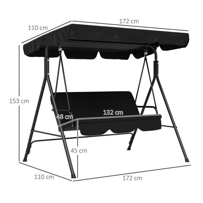 Columpio de jardín Outsunny de 3 plazas con toldo inclinable ajustable, cojines para asiento y respaldo, 1,72 m de largo x 1,1 m de ancho x 1,53 m de alto, acero negro.
