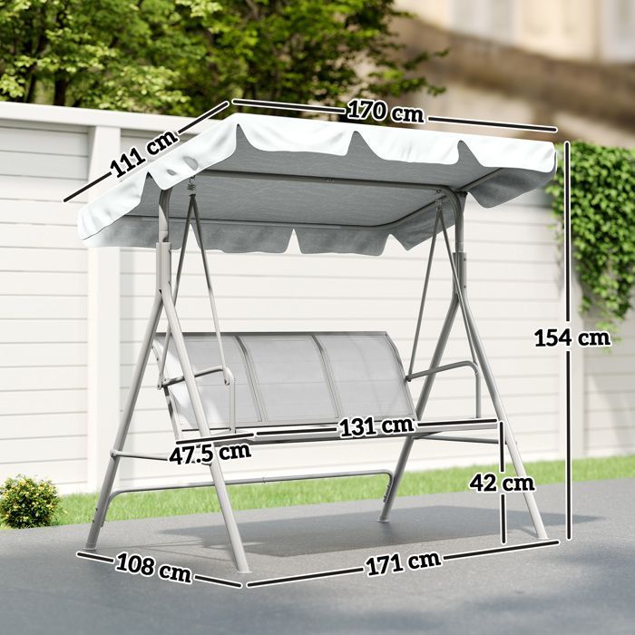 Columpio de jardín de 3 plazas - Outsunny - Toldo impermeable - Inclinación ajustable - Asiento y respaldo ergonómicos - Gris