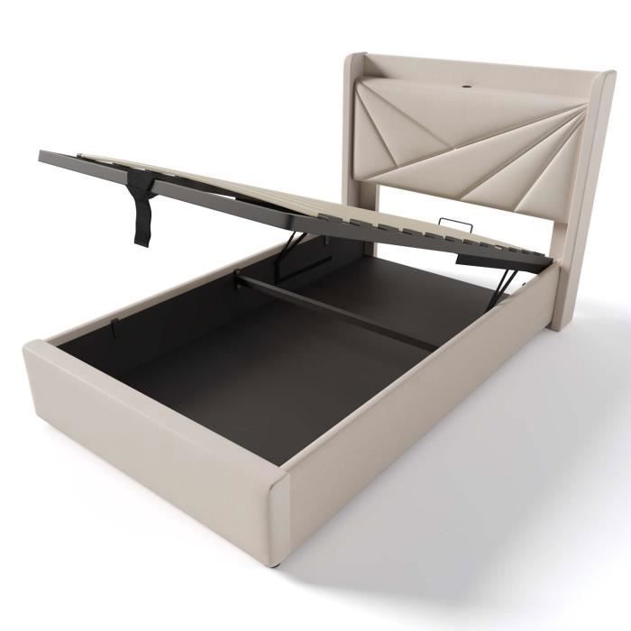 ModernLuxe 90x200cm Storage Bed - Single Bed with USB Port + Slatted Base + Linen Fabric - Beige