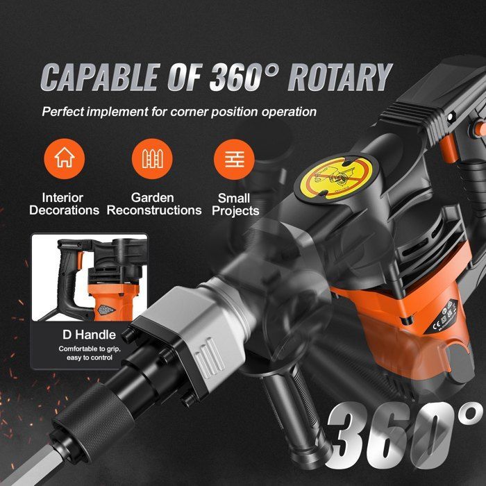 1400W Demolition Hammer - VEVOR - Rotary Hammer Drill - 2 Chisels 2900 BPM