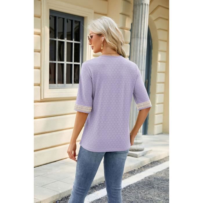 Camiseta de manga corta con cuello en V para mujer, ideal para el verano, con detalles de encaje, corte holgado informal y cómodo, en color de contraste. Talla europea. Color morado.