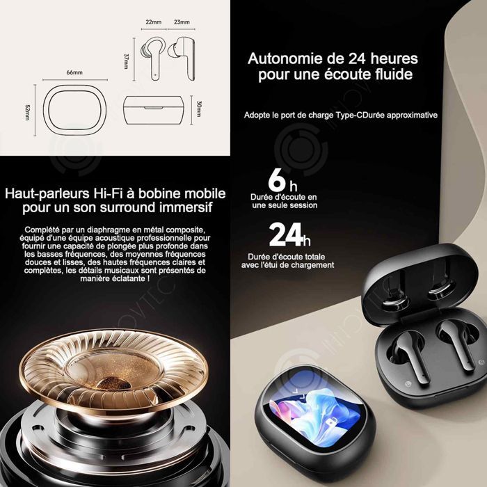 Auricolari Bluetooth wireless INN con touchscreen LED a colori intelligente, qualità audio Hi-Fi, suono surround coinvolgente.