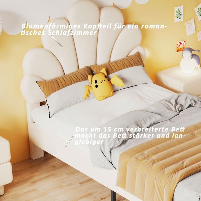 Cama de solteiro 90x200, estrutura de cama com cabeceira em formato de flor e estrado de ripas, cama infantil estofada, veludo, bege