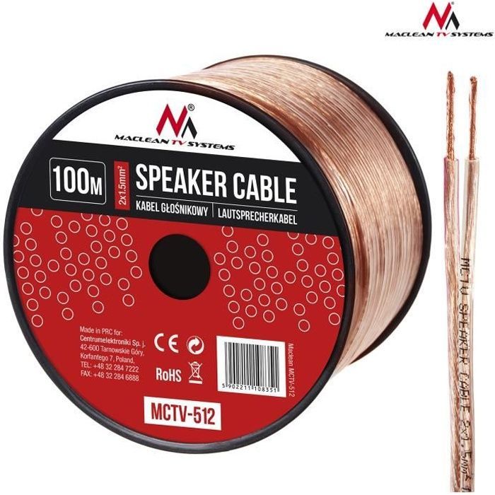 Cable para altavoces - Maclean - 100 m - CCA OFC - Aislamiento flexible - 2*1,5 mm