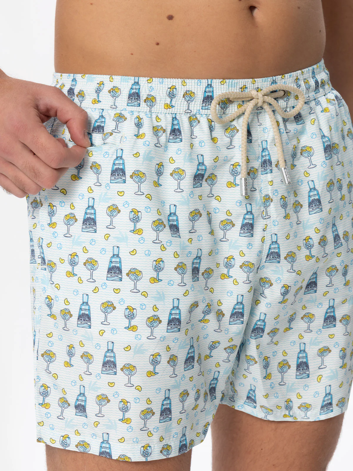 Man Classic Swim Shorts with Gin Print | Gin Mare Special Edition | Quick Drying | Mid-Length | Elastic Waistband | Drawstring | MC2 Saint Barth