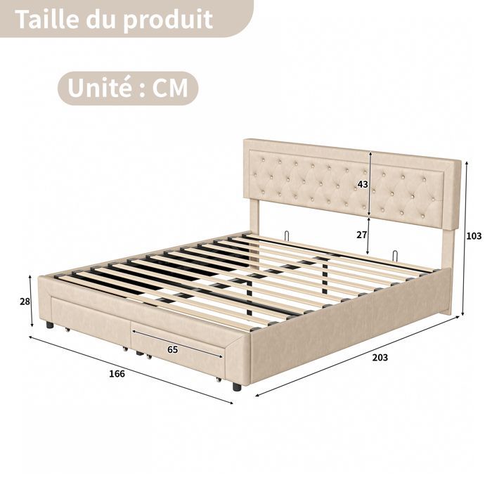 Cama con almacenamiento de 160 x 200 cm, cama de 160 x 200 con somier de láminas, cama doble, con 2 cajones, estructura de cama, con cabecero, color beige, terciopelo.