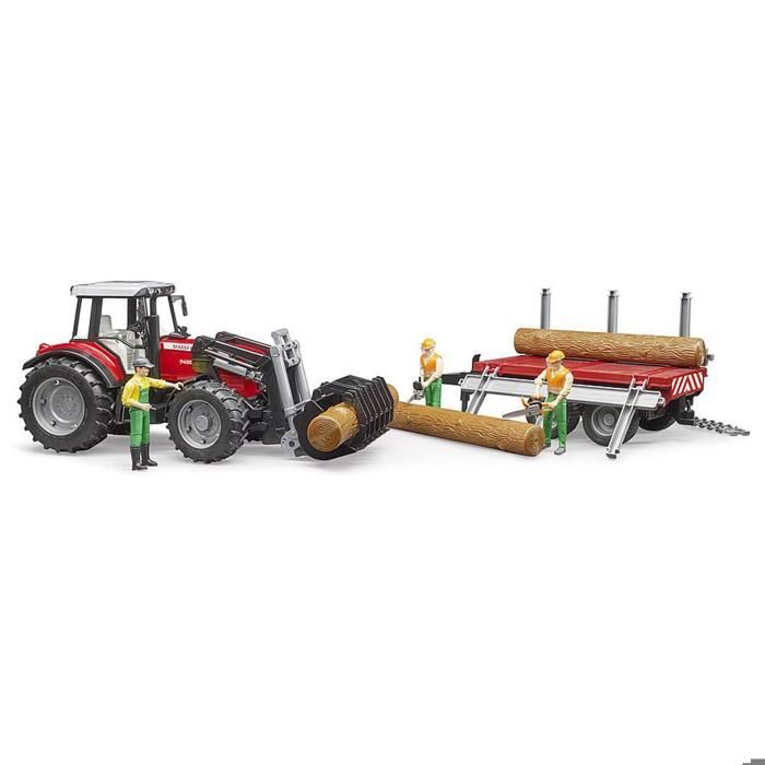 MASSEY FERGUSON 7480 tractor with loader and timber trailer - BRUDER