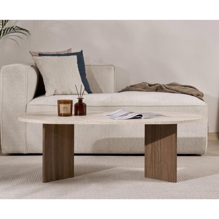 CALICOSY - Table basse ovale L119 cm - IRIS - Travertin/ Noyer