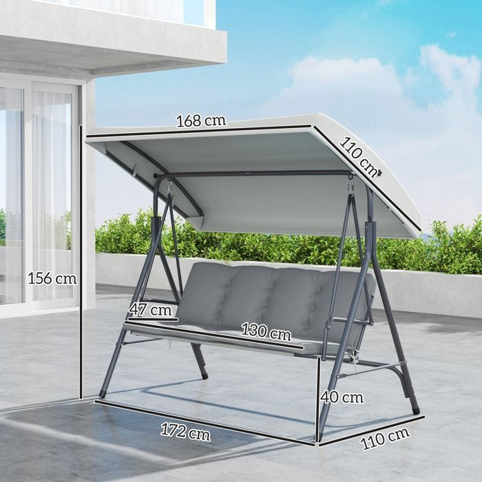 Columpio de jardín de 3 plazas - Outsunny - Toldo grueso con inclinación ajustable, cojines extraíbles - Poliéster, acero con revestimiento epoxi - Gris claro