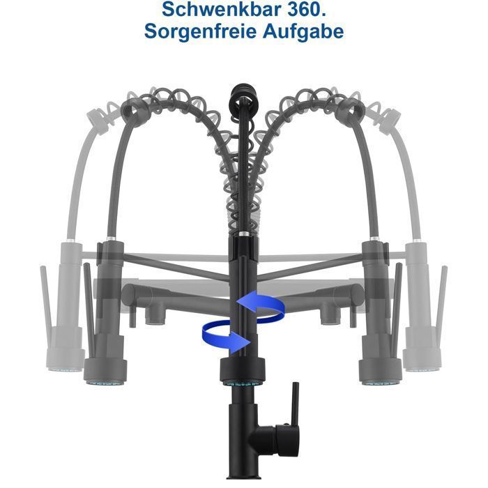 Keukenkraan - 360° draaibaar - Veerbelast met uittrekbare sproeier - Uittrekbare keukenmengkraan - Zwart