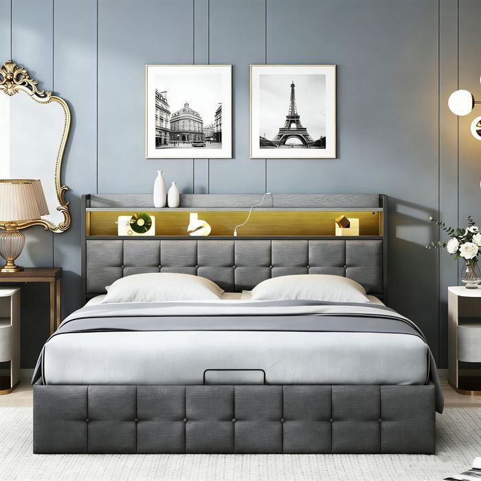 Lit 140x190 cm avec LED, COZY, LED, tissu en lin, cadre de lit double 140x190 cm avec USB et Type C, gris