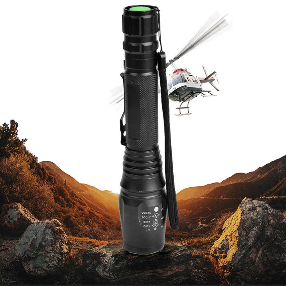 Linterna LED T6 de alta potencia con zoom, resistente al agua, 5 modos, batería 18650, ideal para acampar, senderismo y pesca.